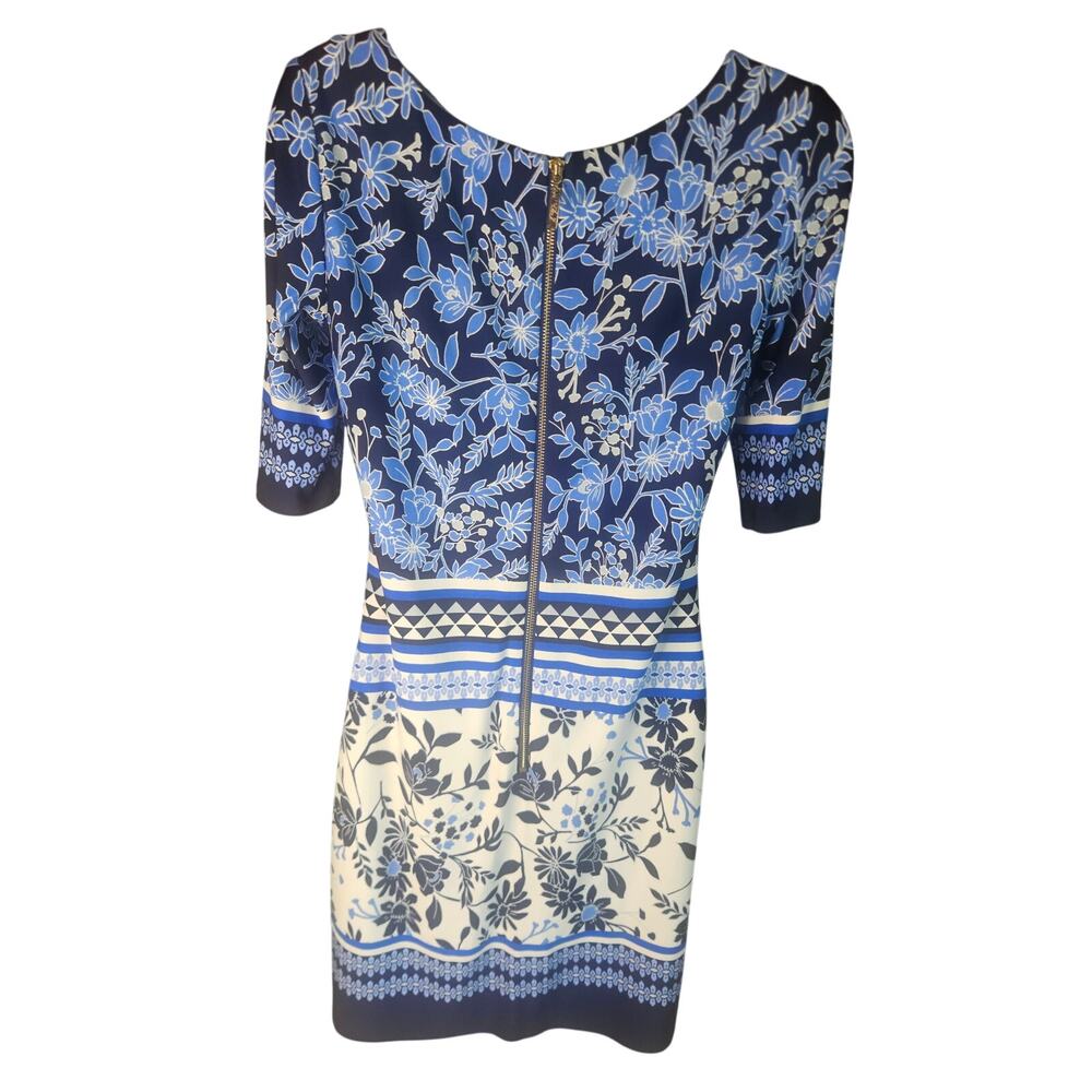 Eliza J Navy Lt Blue Sheath Dress Sz 4 Stretchy Gold Hardware zip Lined - Picture 4 of 9